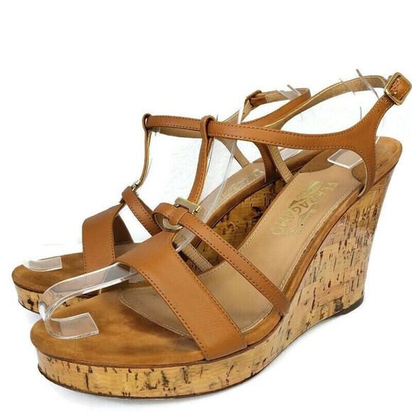 Salvatore Ferragamo Platform Cork Wedges Brown Leather SandalsItaly